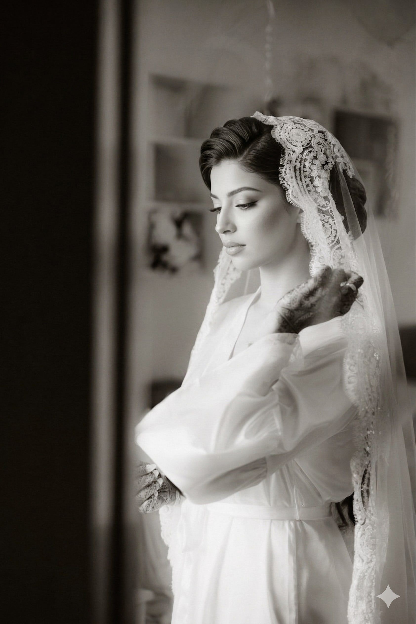 Portrait en noir et blanc d’une mariée ajustant son voile près d’une fenêtre.